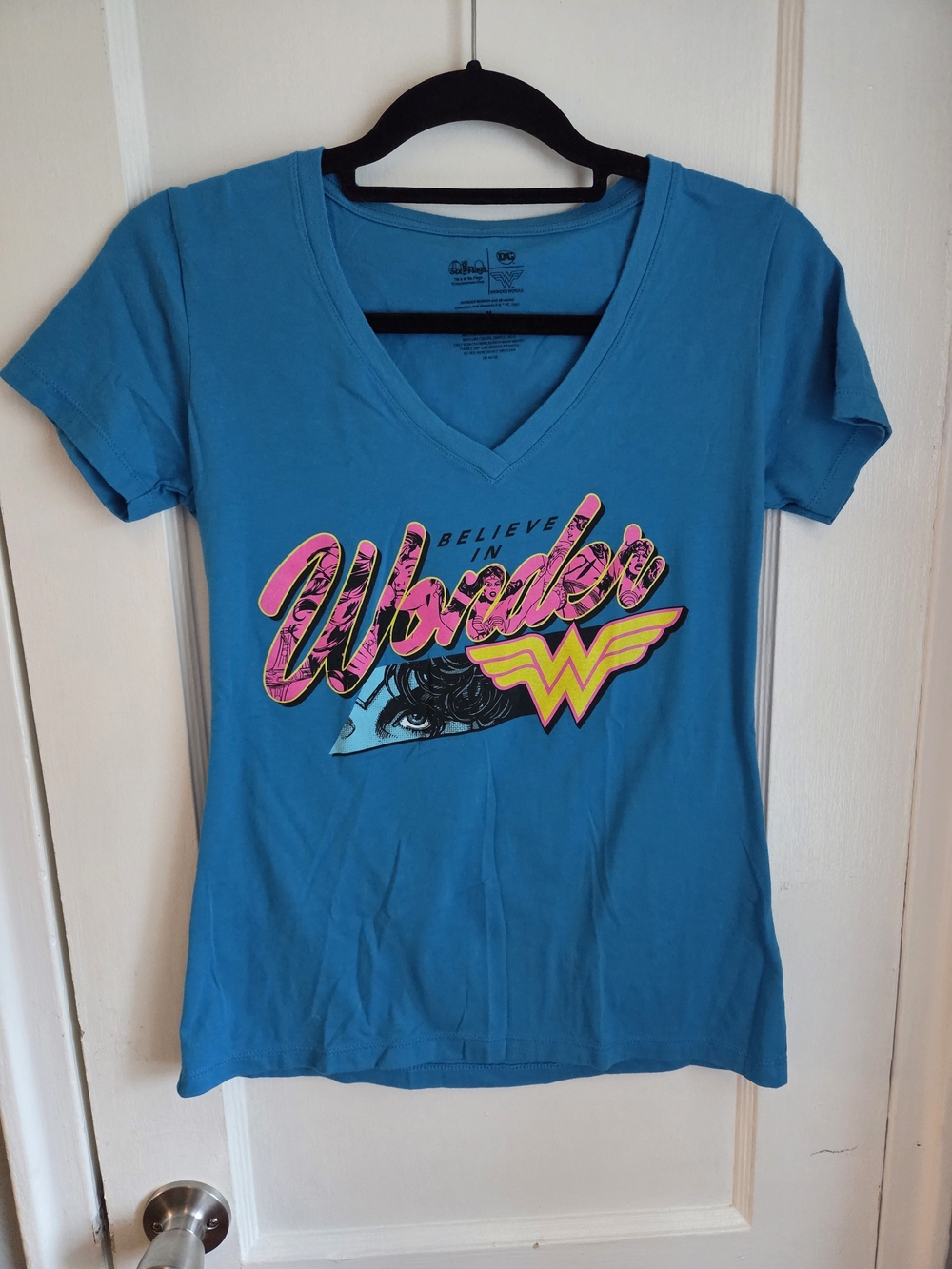 DC Women's Teal V-Neck Tee with Pink and Yellow Wonder Graphic